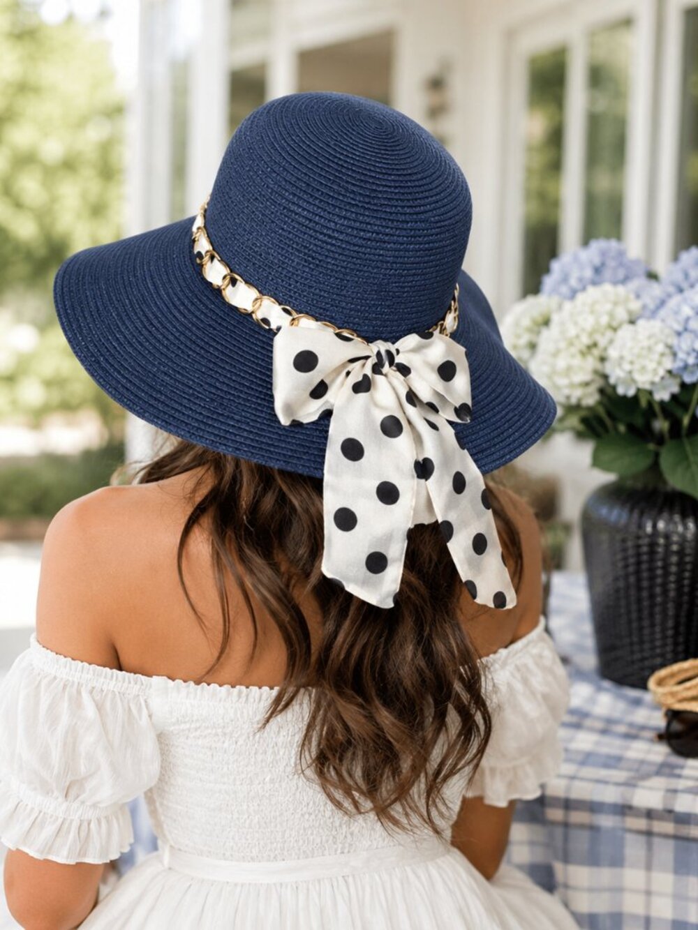Classic Navy Wide-Brim Sun Hat Polka Dot Bow